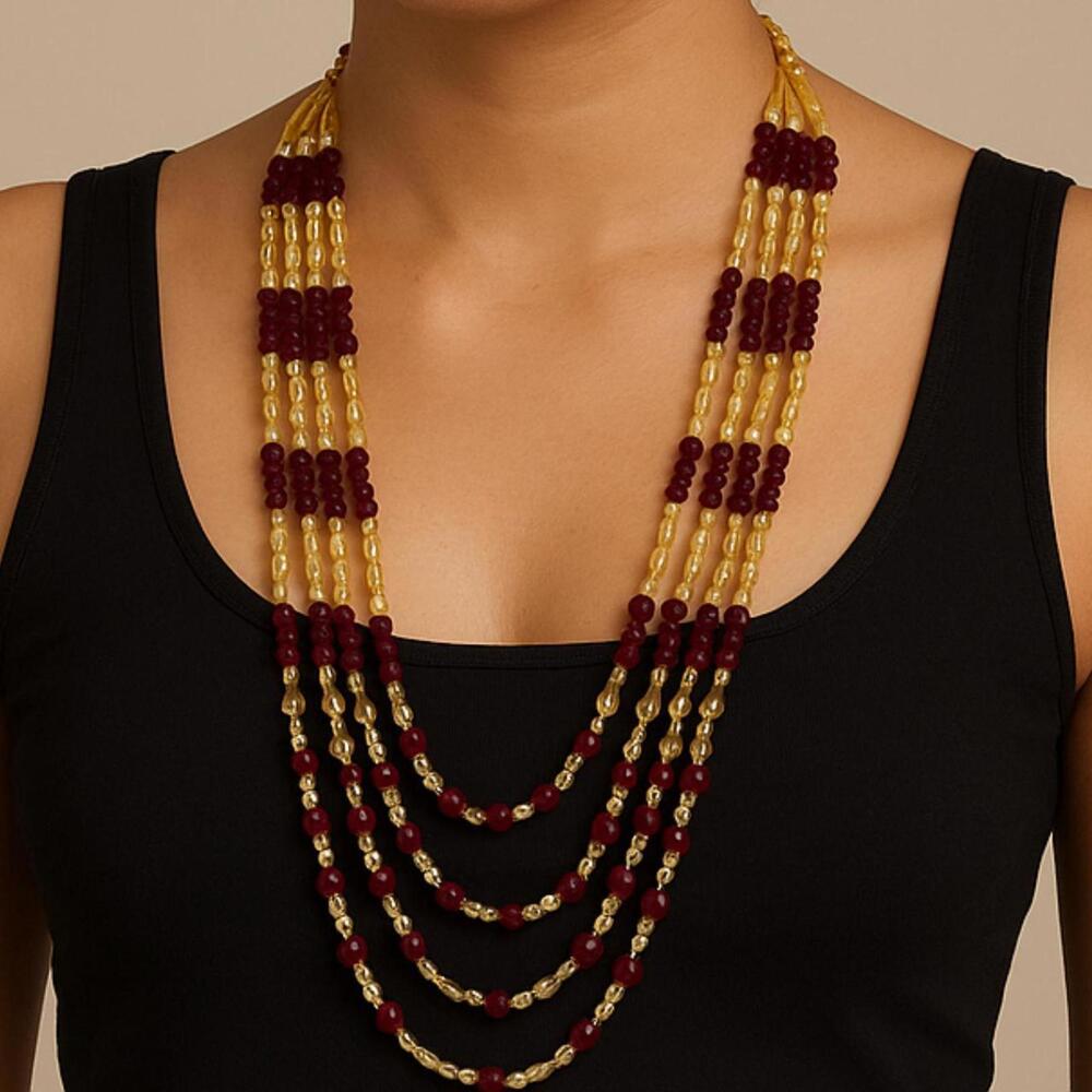Brand New beaded golden & burgundy long necklace